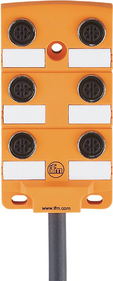 Ein orangefarbenes Gerät mit vier runden Anschlüssen und einem 'ifm'-Logo unten.