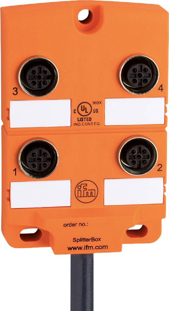 Orange Verteilerbox mit vier Buchsen, nummeriert von 1 bis 4. UL- und ifm-Logos sind sichtbar.
