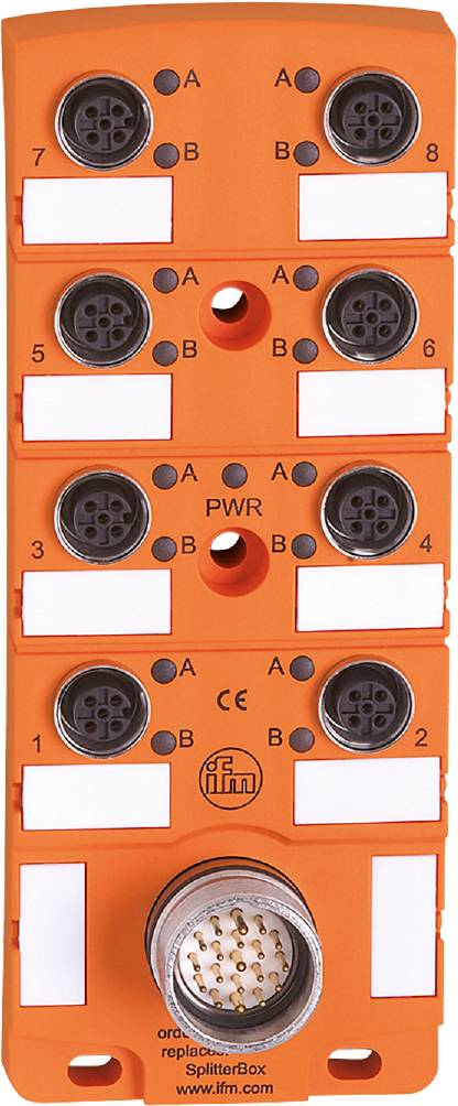 Ein orangefarbenes elektrisches Modul mit Anschlüssen, gekennzeichnet mit 'PWR' in der Mitte. Oben und unten befinden sich Beschriftungen A und B.