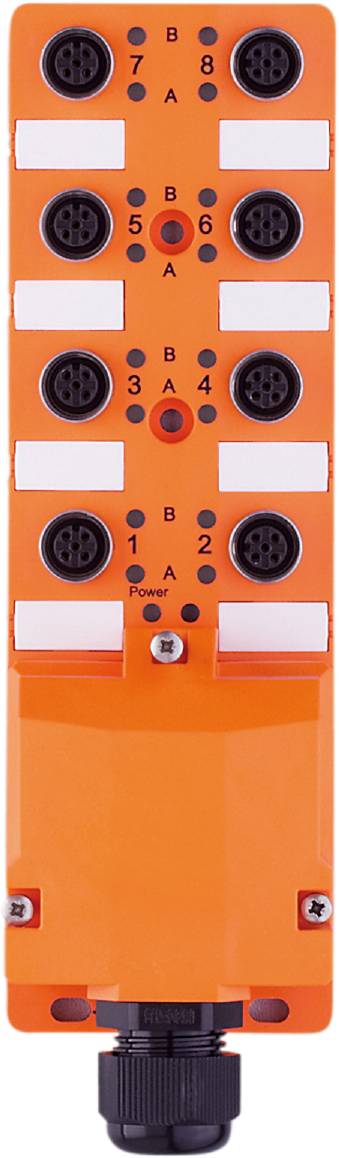 Nahaufnahme einer orangefarbenen elektrischen Steckerleiste mit vier runden Anschlüssen, beschriftet mit A, B, 1, 2 und 'Power'.