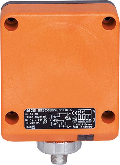 Oranger, quadratischer Sensor mit elektrischen Spezifikationen und Anschlussinformationen. Beschriftungen auf der Oberfläche sichtbar.
