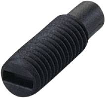 Schwarze Schraube mit Schlitzkopf, zylindrisch, gerändelt, für präzises Justieren oder Befestigen in mechanischen Anwendungen.