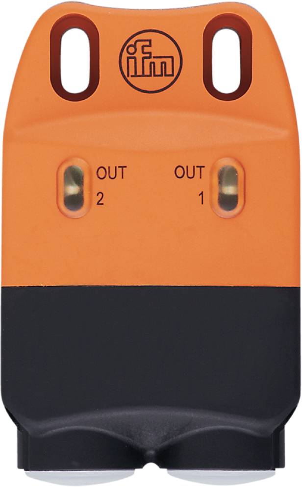 Ein orangefarbenes elektrisches Messgerät mit zwei Steckdosen, beschriftet als 'OUT 1' und 'OUT 2'.