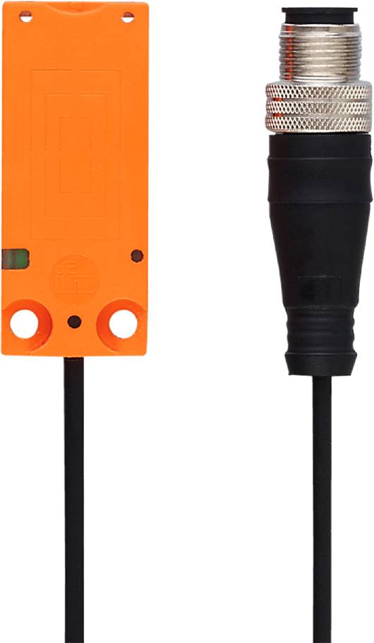 Näheres Ansicht eines orangefarbenen Näherungsschalters mit zwei Montageschraubenlöchern und schwarzem Anschlusskabel.