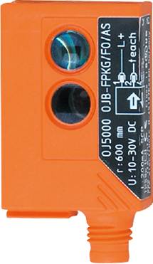 Optischer Sensor mit Modelnummer 'OJB5000 OJB-FPKG/US'. Zeigt technische Spezifikationen: Reichweite 60-600 mm, Spannung 10-30V DC.