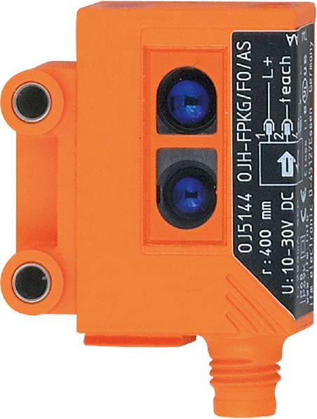 Ein orangefarbener Sensor mit technischen Details und Beschriftungen, zwei blauen Linsen, für elektronische Anwendungen geeignet.