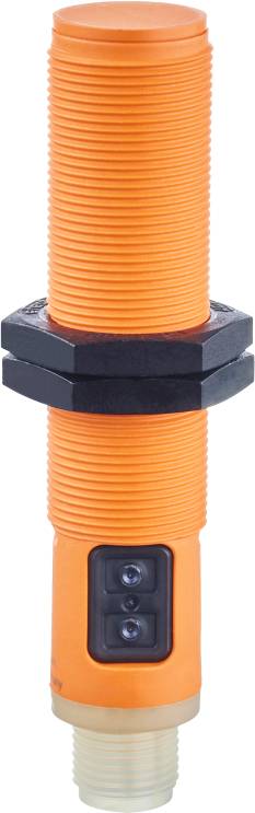 Ein orangefarbener, zylindrischer Sensor mit schwarzem, sechseckigem Befestigungsgewinde, vor weißem Hintergrund.