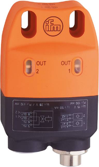 Ein orange-schwarzes elektrisches Prüfgerät mit zwei LED-Anzeigen, die mit 'OUT 2' und 'OUT 1' beschriftet sind.