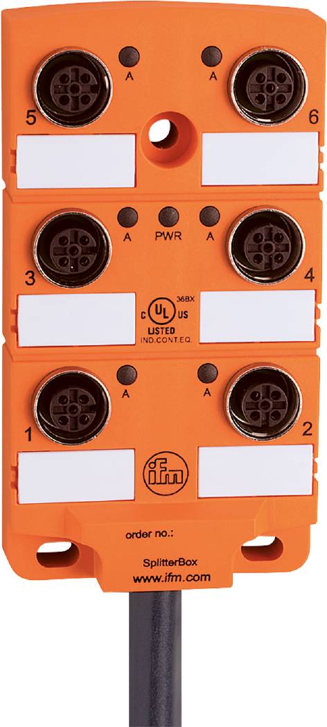 Orange elektronische Komponente mit vier runden Anschlüssen, beschriftet mit den Zahlen 1 bis 4. Markierungen sind auf dem Gehäuse.