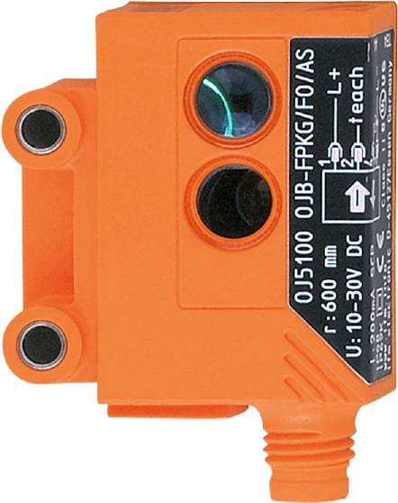 Ein orangefarbener Sensor mit technischen Spezifikationen, darunter eine Modellnummer 'OJB-FPKG/FO/AS45/IO', sowie Spannung 'U: 10-30V DC'.