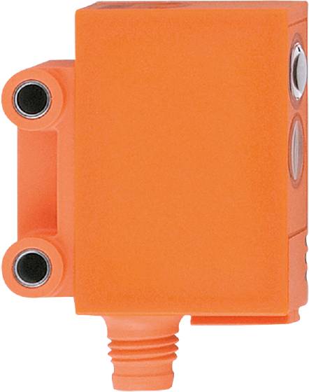 Ein orangefarbenes technisches Gerät mit runden, schwarzen und metallischen Anschlüssen an der Seite, möglicherweise ein Sensor.