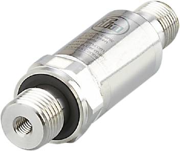 Ein silberner Drucksensor mit Gewindeanschlüssen auf beiden Seiten. Geeignet zur Messung von Flüssigkeits- oder Gasdrücken in verschiedenen Anwendungen.
