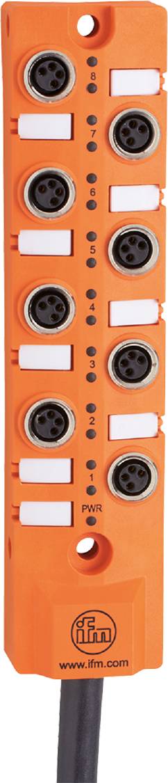 Eine orangefarbene Anschlussleiste mit nummerierten Buchsen und Steckplätzen, geeignet für elektronische Verbindungen.