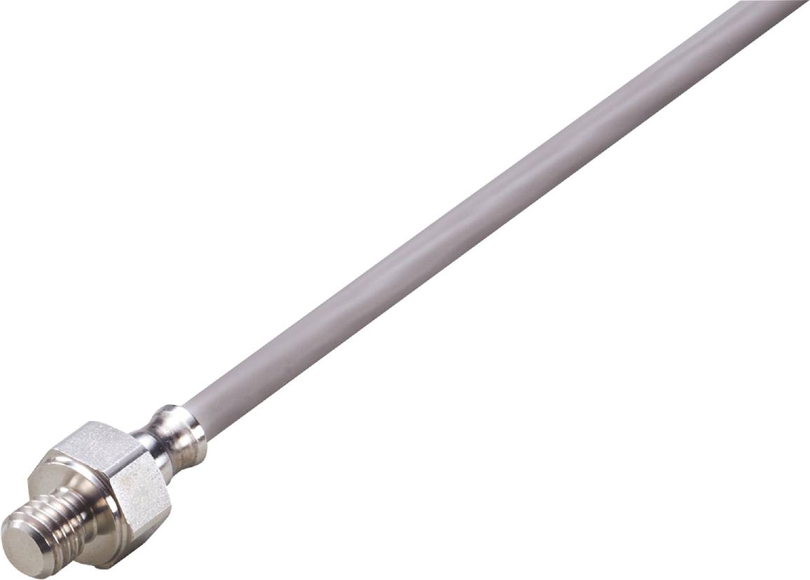 Ein graues, stabförmiges Metallteil mit einer glatten Oberfläche und einem silbernen, sechseckigen Anschluss an einem Ende.