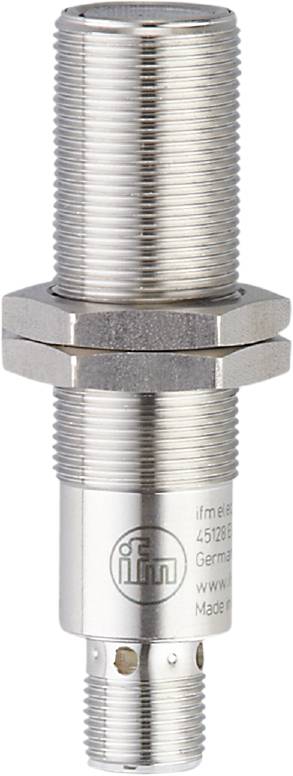 Metallischer Induktionssensor mit zylindrischem Gehäuse und Gewinde, geeignet für industrielle Anwendungen.