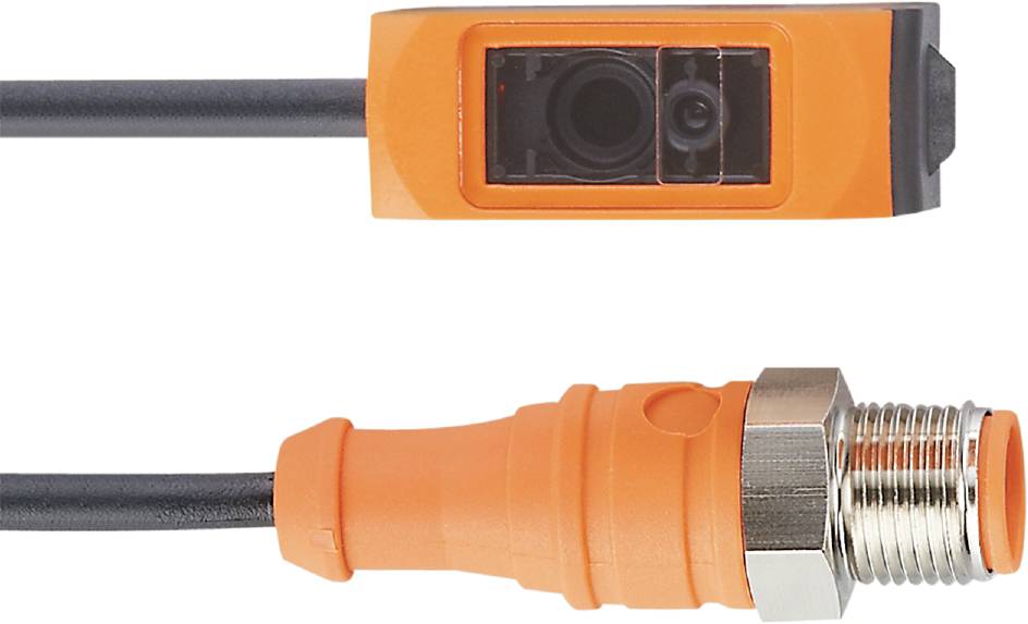 Nahaufnahme eines orangefarbenen Steckverbinders mit schwarzem Kabel, das in einem silbernen Verschluss endet.