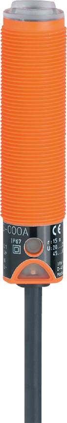 Ein zylindrischer Sensor mit orangefarbener gerippter Oberfläche und schwarzem Sockel, gekennzeichnet mit 'IP67', zeigt Robustheit an.