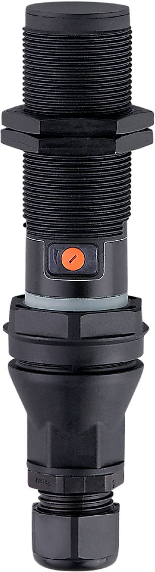 Schwarzer zylindrischer Drucksensor mit einem orangefarbenen Knopf auf der Vorderseite, umgeben von einer Schutzkappe.