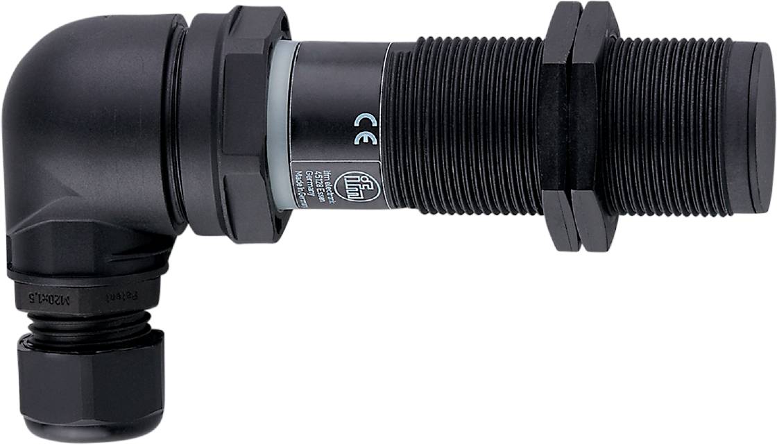 Ein schwarzer industrieller Kabelverbinder mit CE-Zeichen und normgerechter Sicherheitskennzeichnung, seitlich dargestellt.