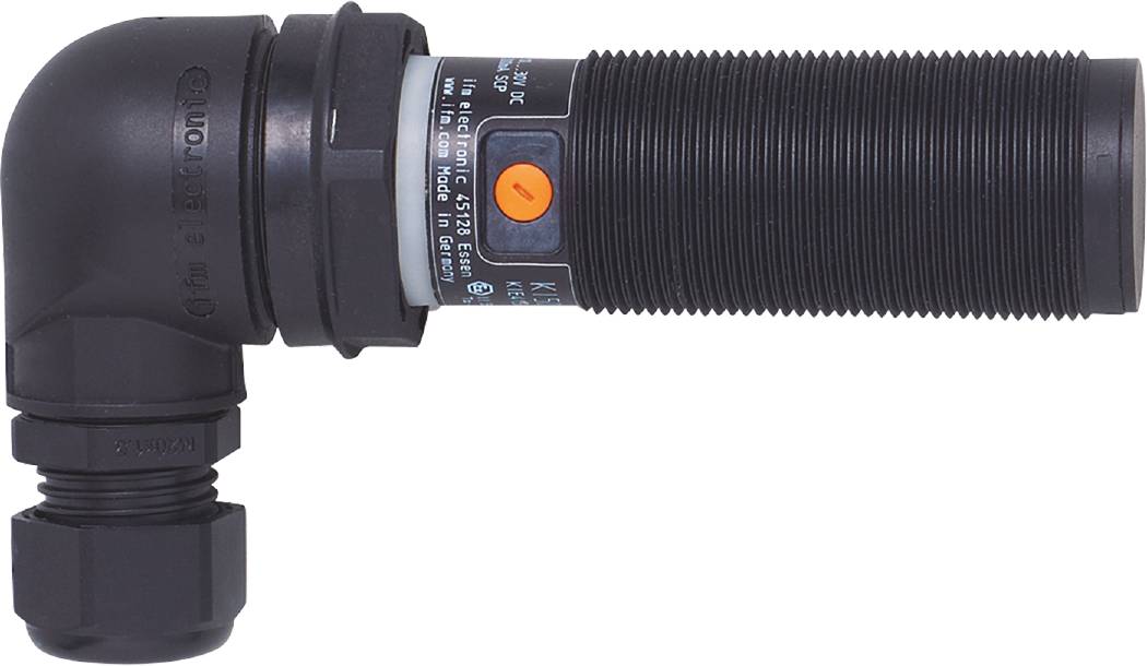Ein schwarzer zylindrischer Sensor mit einem orangefarbenen Knopf und Beschriftung 'ifm electronic gmbh', hergestellt in Deutschland.