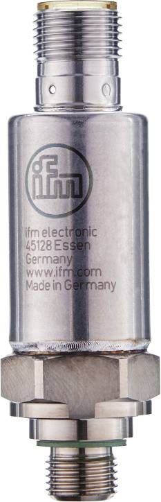 Ein silberfarbener Zylinder mit dem Logo von ifm electronic und der Aufschrift: 'ifm electronic, 45128 Essen, Germany, www.ifm.com, Made in Germany'.
