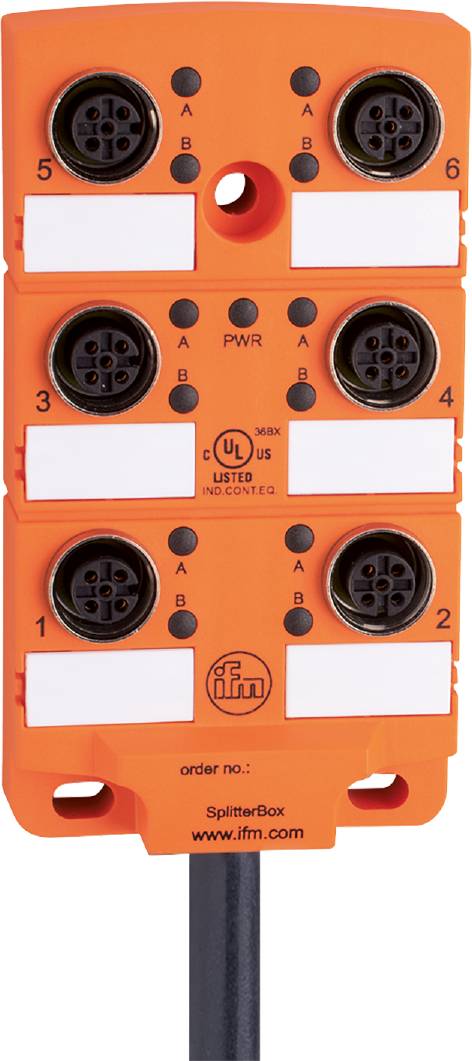 Ein orangefarbenes elektrisches Modulsystem mit vier runden Anschlüssen, Beschriftungen und einem 'UL' Prüfzeichen.