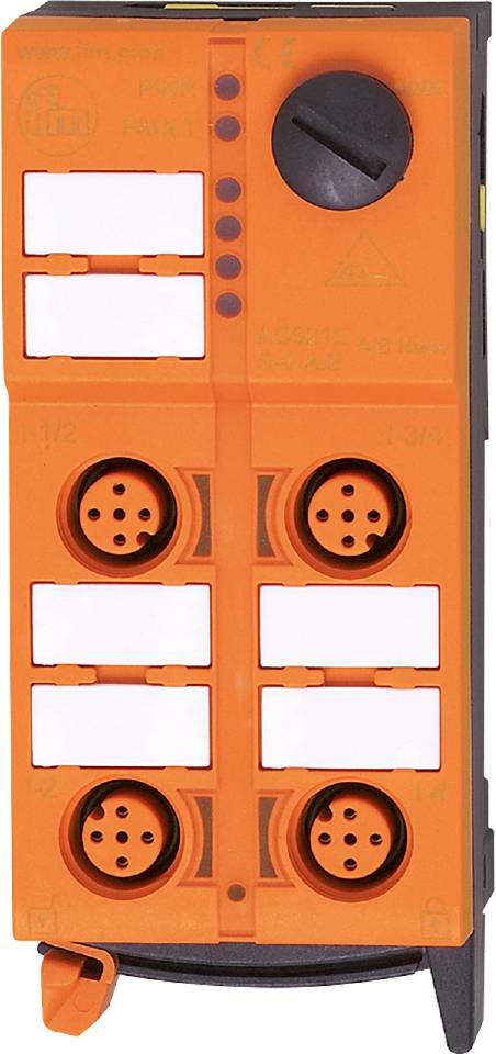 Ein orangefarbenes elektronisches Bauteil mit vier runden Anschlüssen und weißen Beschriftungsfeldern.