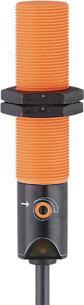 Ein orangefarbener zylindrischer Sensor mit Gewinde auf schwarzer Basis. Erkennbar für industrielle Zwecke.