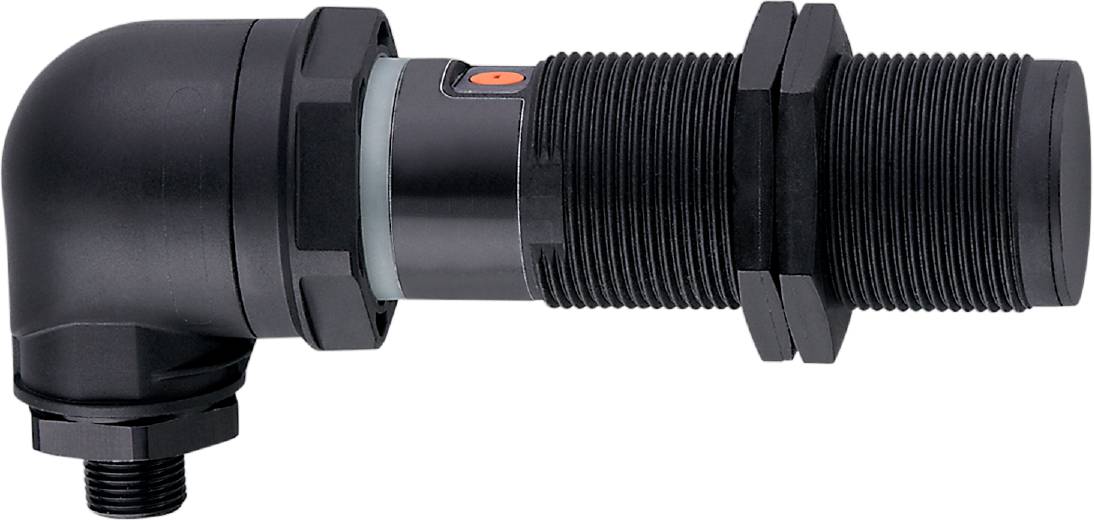 Schwarzer, zylindrischer Sensor mit Gewinde und Kabelanschluss. Verwendung in industriellen Anwendungen zur Objekterkennung.