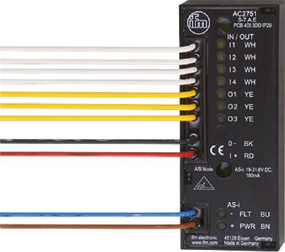 Ein elektrisches Steuergerät mit mehreren farbigen Kabeln verbunden. Links beschriftete Anschlüsse, jedes Kabel mit einer spezifischen Farbe.