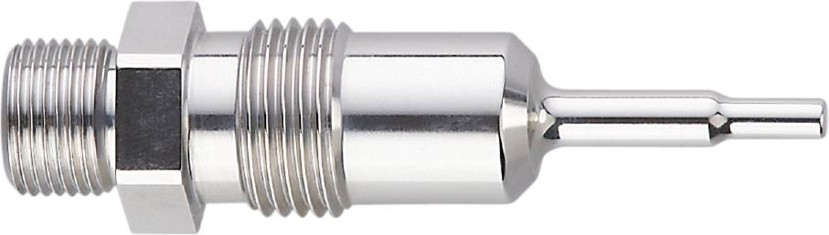 Ein silberfarbener Metallzylinder mit Gewinde an einem Ende, möglicherweise Teil einer Maschinen- oder Rohrverbindung.