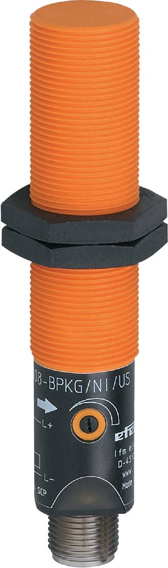 Ein orangefarbener zylindrischer Sensor mit schwarzem, sechseckigem Schraubgewinde.