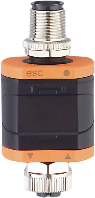 Nahaufnahme eines orangen Not-Aus-Schalters mit der Beschriftung 'esc'. Der Schalter ist in einem industriellen Kontext zu sehen.