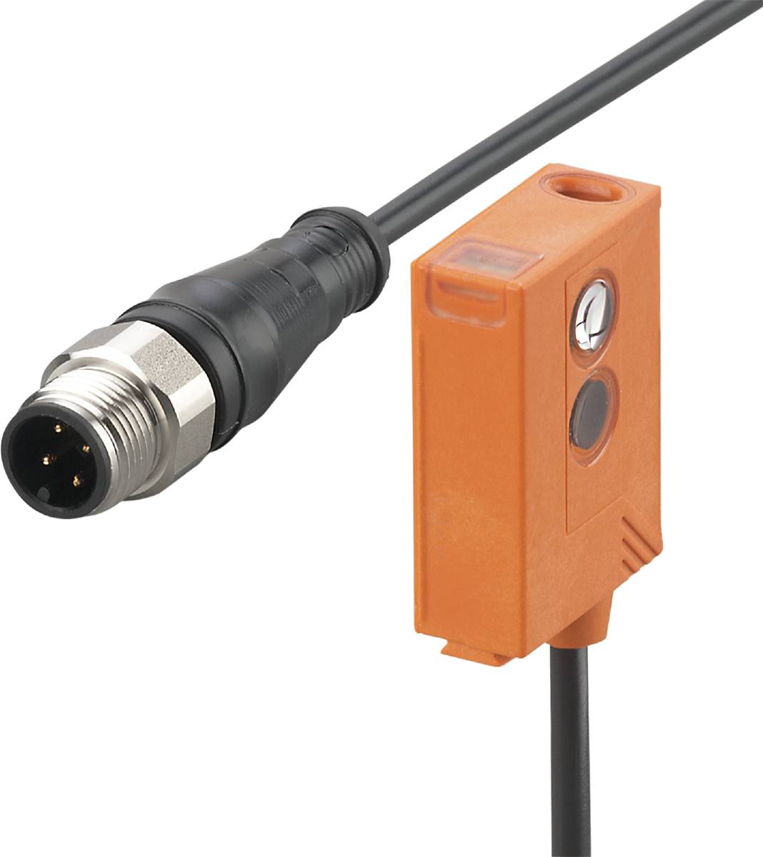 Ein orangefarbener Sensor mit schwarzem Kabel und ein schwarzer Stecker mit Metallverschluss. Technikgerät zur Verbindung.