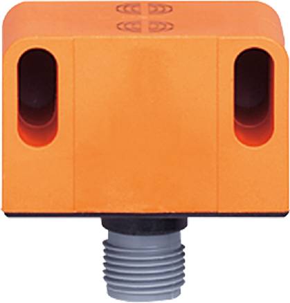 Ein rechteckiger, orangefarbener Sensor mit zwei ovalen Vertiefungen an den Seiten und einem Gewindeanschluss an der Unterseite.