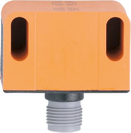 Ein rechteckiger, orangefarbener Sensor mit zwei ovalen Schlitzen auf der Vorderseite sowie einem grauen Anschluss an der Unterseite.