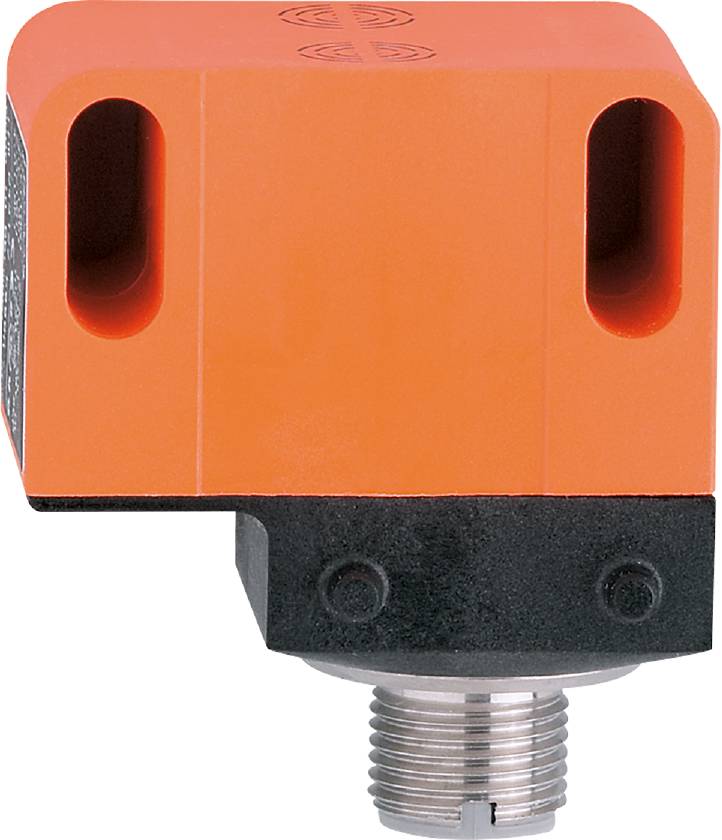 Ein quadratischer Induktivsensor in Orange und Schwarz mit zylindrischem Metallsockel, geeignet für die Erkennung von Metallobjekten.