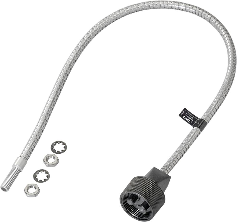 Flexibler Metallschlauch mit schwarzer Endkappe und drei Unterlegscheiben.