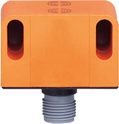 Ein rechteckiger, orangefarbener Sensor mit zwei ovalen, schwarzen Öffnungen und einem grauen Anschluss unten, vermutlich ein Industriesensor.