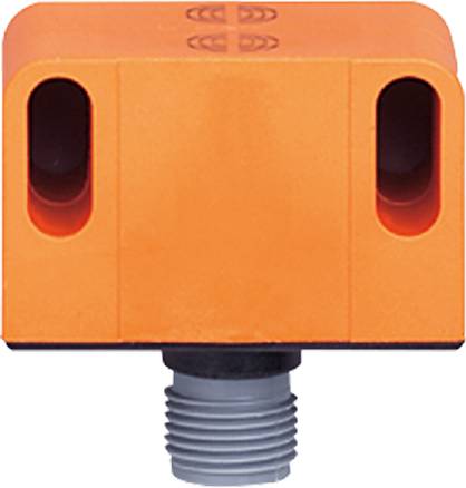 Ein orangefarbener rechteckiger Sensor mit zwei Öffnungen auf der Vorderseite und einem grauen Anschluss an der Unterseite.