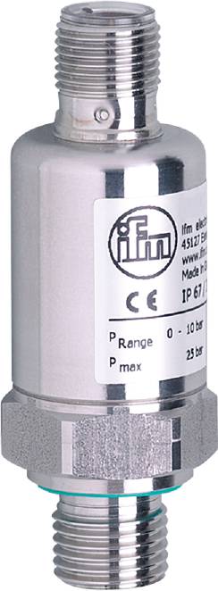 Drucksensor von ifm electronic mit CE-Zeichen, Messbereich 0-10 bar, max. Druck 25 bar, Schutzart IP 67.