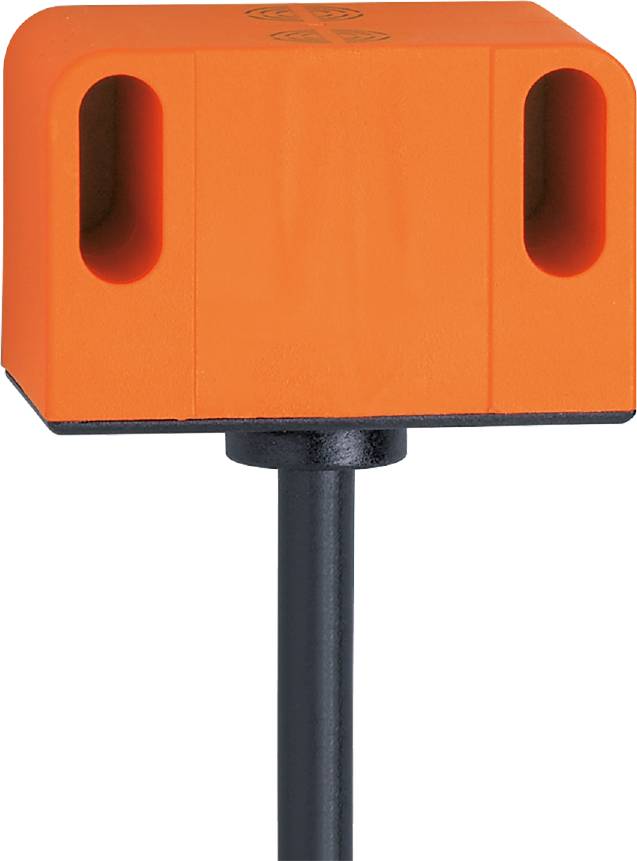 Ein orangefarbener rechteckiger Sensor mit einem schwarzen Stab unten. Geeignet für Maschinen- oder Anlagenanwendungen.