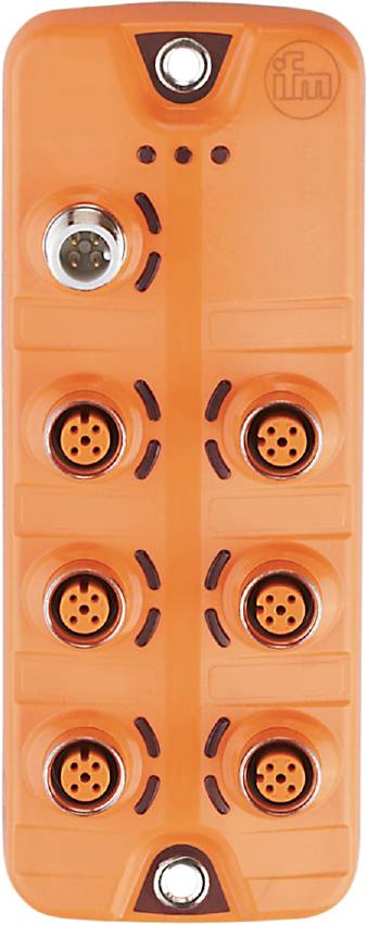 Oranges farbiger Mehrfachstecker mit vier runden Steckplätzen, typischerweise für industrielle Verbindungen verwendet.