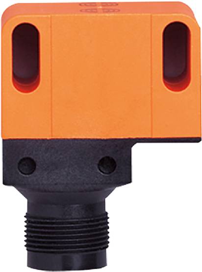 Ein rechteckiger, orangefarbener Sensor mit schwarzen Befestigungsschrauben und einer gerippten Struktur an der Unterseite.