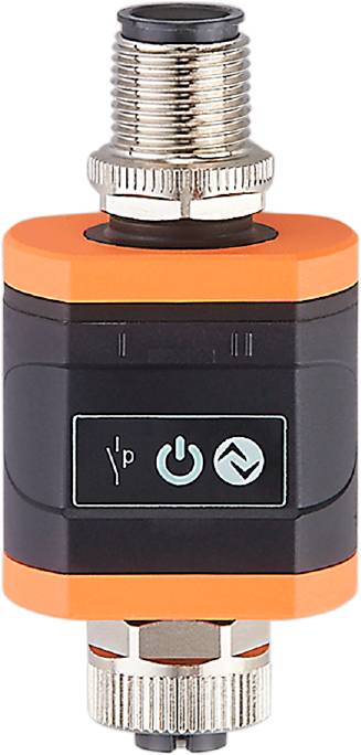 Ein schwarzes, zylindrisches Gerät mit einem orangefarbenen oberen Rand. Zwei Symbole sind auf der Vorderseite sichtbar: Ein Netzschalter-Symbol und ein Zyklussymbol.