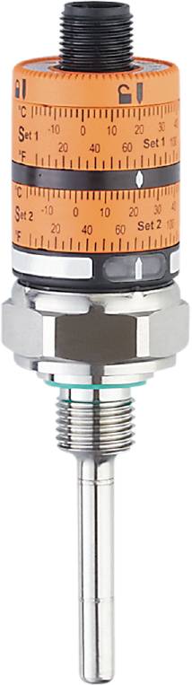 Metallischer Sensor mit rundem, orangefarbenem Ring oben und Gewinde unten. Wird zur Erfassung von Objekten verwendet.