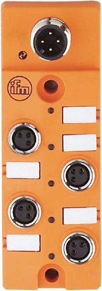 Oranges elektrisches Gerät mit mehreren runden Anschlüssen und weißen Tasten, möglicherweise eine Steuerungseinheit.