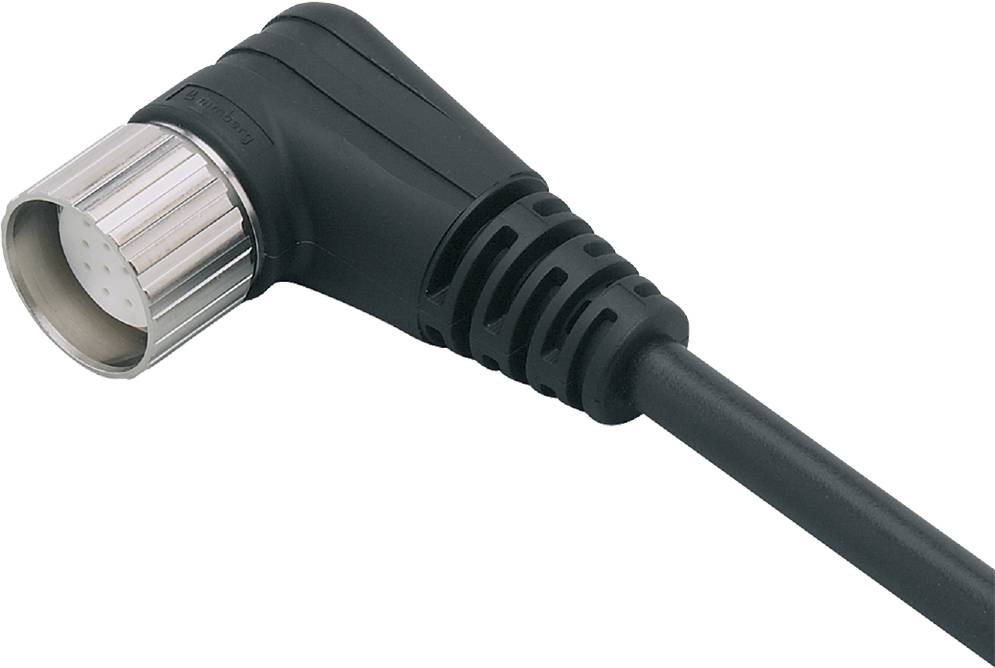 Schwarzes Netzkabel mit abgewinkeltem Stecker vor weißem Hintergrund. Kabel in Nahaufnahme mit sichtbaren Steckerdetails.