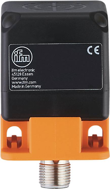 Schwarzes Gerät mit weißem 'ifm'-Logo, CE-Zeichen und Adresse: 'ifm electronic, 45128 Essen, Germany, www.ifm.com, Made in Germany'.