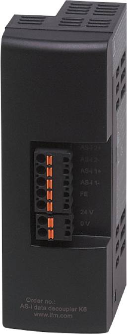 Seitliche Ansicht eines elektrischen Anschlussmoduls mit mehreren Anschlüssen und orangefarbenen Kabelklemmen.